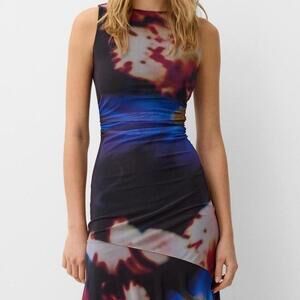 bershka abstract floral mesh dress with asymmetrical hem. size xs